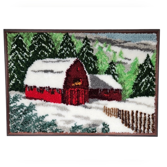 Vintage Handmade Custom Framed Winter Barn Latch Hook Picture Herrschners‎ 42x29 - Picture 1 of 6